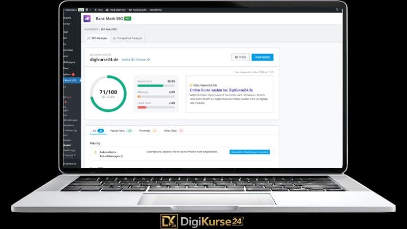 RankMath SEO Analyzer im WordPress Dashboard mit SEO Score Analyse für digikurse24.de und Übersicht über bestandene Tests, Warnungen und Fehler