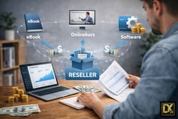 Strategische Übersicht über Reseller Modelle: Ein Laptop zeigt Wachstums-Charts, während Icons den Vertrieb von Software, eBooks und Onlinekursen als zentrale Geschäftssäulen darstellen.