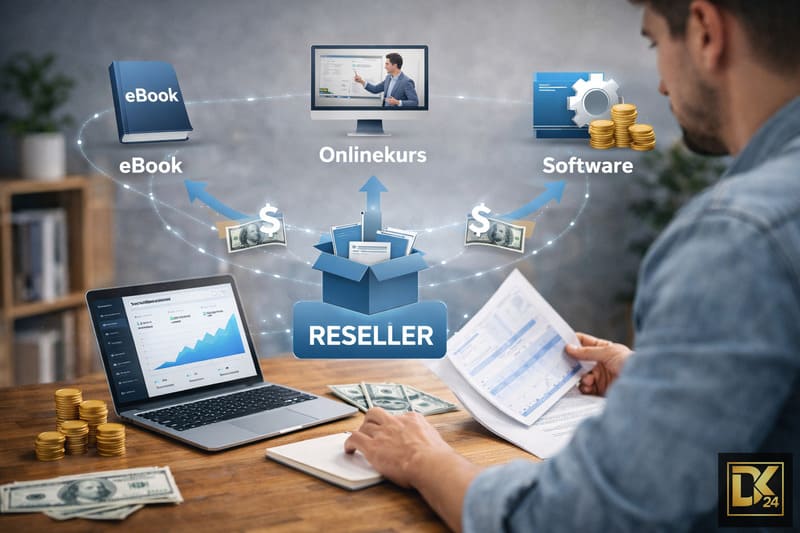 Ein Unternehmer am Schreibtisch analysiert verschiedene Reseller Modelle für digitale Produkte wie eBooks, Onlinekurse und Software. Grafische Icons über einem Reseller-Paket symbolisieren den automatisierten Vertrieb und Gewinnmargen.