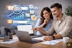 Strategische Planung im SEO Kurs: Ein Paar bespricht am Schreibtisch Wachstumsstrategien. Schwebende Icons für E-Mail-Marketing, Zielgenauigkeit und Analysetools unterstützen den Lernprozess.