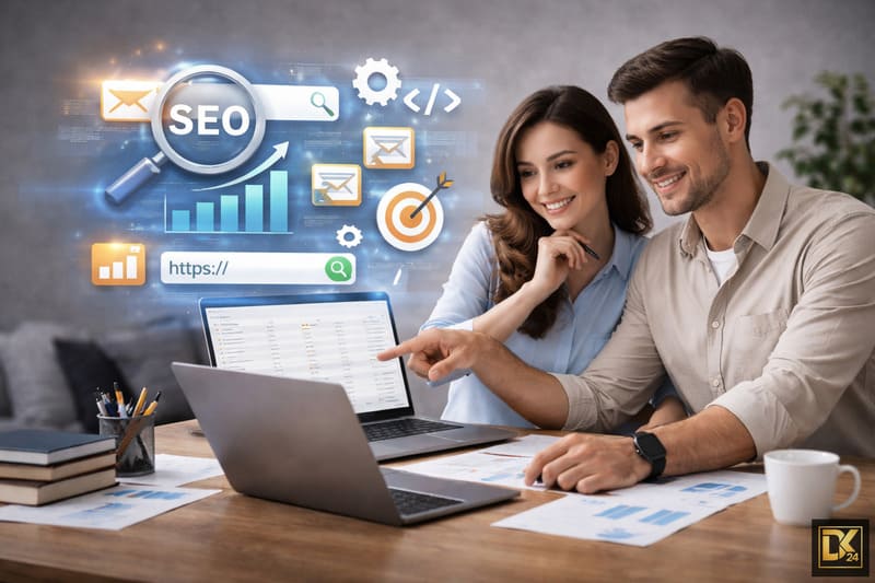 Zwei Experten analysieren Website-Daten in einem SEO Kurs am Laptop. Über dem Bildschirm schweben Grafiken für Suchmaschinenoptimierung, Lupe, Zielscheiben und steigende Charts.