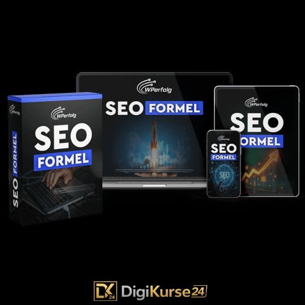 Titelbild zum Artikel über den SEO Meisterkurs „Die SEO-Formel“ von WPerfolg mit SEO-Grafiken, Keyword-Analyse, Diagrammen und Google-Ranking Symbolen.