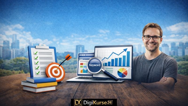 SEO-Formel 3 Symbolische Darstellung von Suchmaschinenoptimierung mit Laptop, Keyword-Analyse, Diagrammen und Checkliste als visuelles Fazit zum SEO Meisterkurs „Die SEO-Formel“.