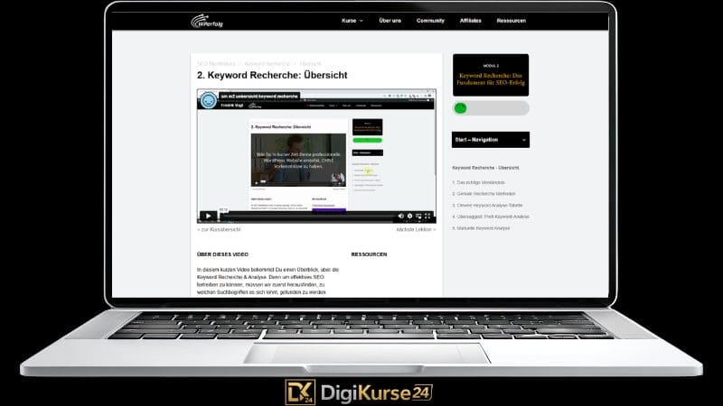 SEO-Formel 2 Screenshot aus dem SEO Meisterkurs „Die SEO-Formel“ mit Lektion zur Keyword-Recherche im Mitgliederbereich des Online-Kurses von WPerfolg.