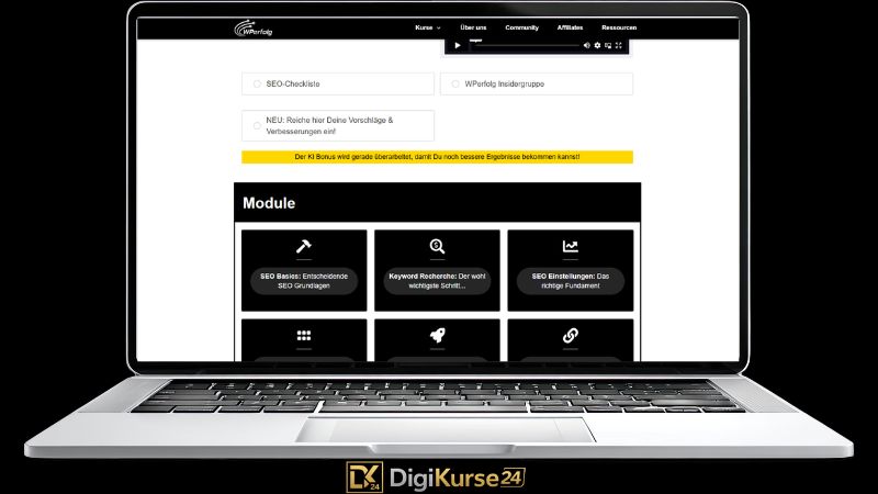 SEO-Formel 1 Mitgliederbereich des Online-Kurses „SEO Meisterkurs – Die SEO-Formel“ von WPerfolg mit Übersicht der SEO-Module wie SEO Grundlagen, Keyword-Recherche und SEO Einstellungen im Kursdashboard.