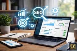 Effektive SEO Tools im Einsatz zur Steigerung des organischen Traffics. Leuchtende Icons einer Zielscheibe und aufsteigender Charts verdeutlichen die Hebelwirkung professioneller SEO-Software am Arbeitsplatz.