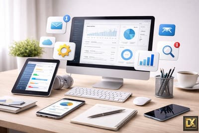 Moderner Arbeitsplatz mit Computer, Tablet und Smartphone, die Software-Dashboards, Analysen und Automatisierungstools anzeigen – Symbol für digitale Tools im Online-Business