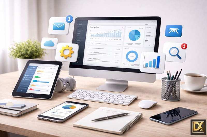Arbeitsplatz mit Computer und mobilen Geräten, die Software-Tools, Automatisierungen und digitale Anwendungen für Online-Business und Marketing darstellen