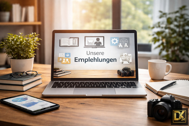 Ein Laptop auf einem Schreibtisch zeigt den Schriftzug „Unsere Empfehlungen“ sowie Icons für Onlinekurse, Software-Tools und E-Books. Ein Smartphone und eine Kamera liegen daneben.