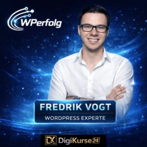 Modernes quadratisches Titelbild von Fredrik Vogt, Gründer von WPerfolg, vor blauem digitalem Hintergrund mit WPerfolg Logo. Porträt mit verschränkten Armen und professionellem Business-Look.