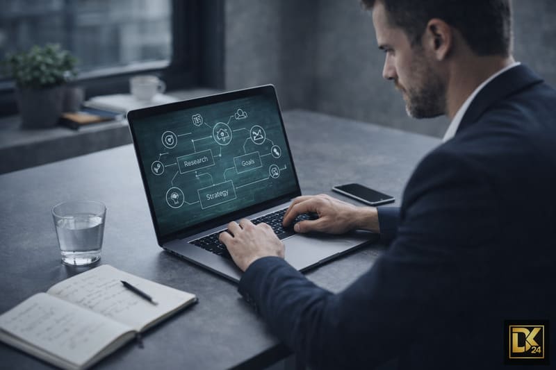 Geschäftsmann arbeitet konzentriert am Laptop an einer strukturierten Online-Marketing-Strategie, passend zum Buch „Umsatz ist Freiheit“ von Jens Neubeck und dessen Ansatz für systematischen und planbaren Umsatzaufbau im Online-Business.