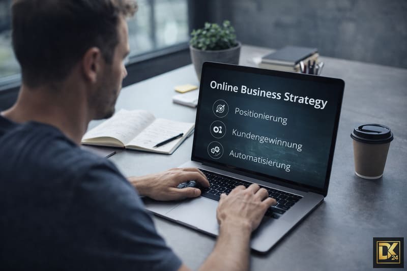 Person arbeitet am Laptop an einer strukturierten Online-Business-Strategie zur Kundengewinnung und Automatisierung, passend zum Buch „Umsatz ist Freiheit“ von Jens Neubeck und dessen System für planbaren Umsatzaufbau im Online-Marketing.