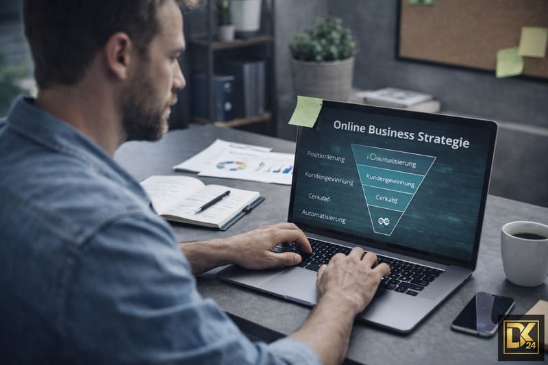 Person arbeitet fokussiert am Laptop an der Umsetzung einer Online-Business-Strategie zur Kundengewinnung und Automatisierung, inspiriert durch das Buch „Umsatz ist Freiheit“ von Jens Neubeck und dessen System für planbaren Umsatzaufbau.