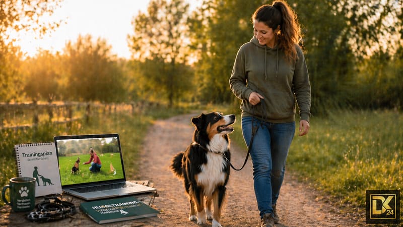 Online Hundetraining Johanna Esser im Alltag – Frau trainiert ihren Hund an der Leine auf einem Spazierweg im Park, während im Hintergrund Trainingsmaterialien wie Laptop und Trainingsplan sichtbar sind, die eine strukturierte Hundeerziehung und praktische Umsetzung der Methoden zeigen.