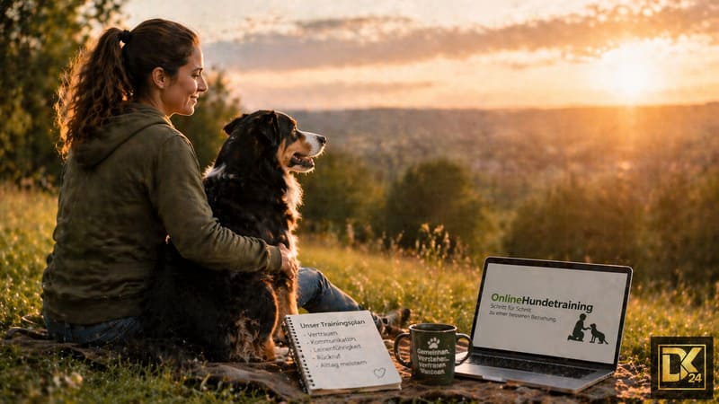 Online Hundetraining Johanna Esser – Frau sitzt entspannt mit ihrem Hund in der Natur bei Sonnenuntergang und zeigt eine starke Bindung und Vertrauen als Ergebnis einer strukturierten Hundeerziehung und konsequentem Training im Alltag.