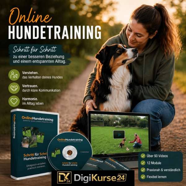 Online Hundetraining Johanna Esser – Frau trainiert ihren Hund im Alltag mit sichtbarem Kursmaterial wie Laptop und Trainingsunterlagen, als Symbol für praxisnahe Hundeerziehung und strukturierte Trainingsmethoden.