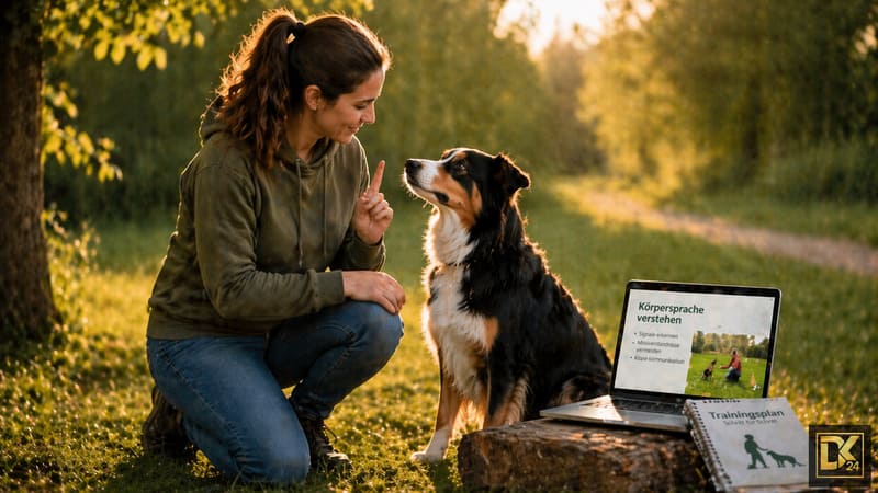 Online Hundetraining Johanna Esser – Frau trainiert die Aufmerksamkeit ihres Hundes durch gezielte Kommunikation und Körpersprache im Park, während der Hund fokussiert auf sie reagiert und Trainingsmaterial im Hintergrund die strukturierte Hundeerziehung unterstützt.