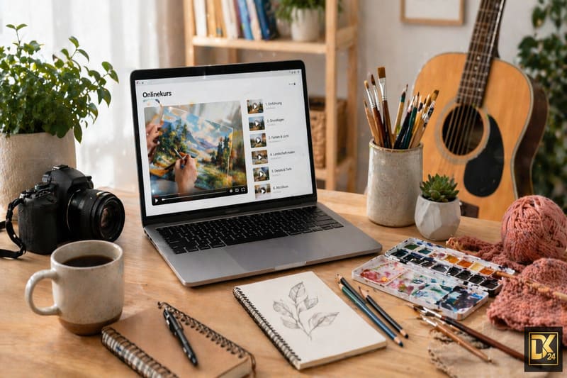 Onlinekurs für Hobby und Freizeit mit kreativen Materialien wie Malutensilien, Kamera und Laptop