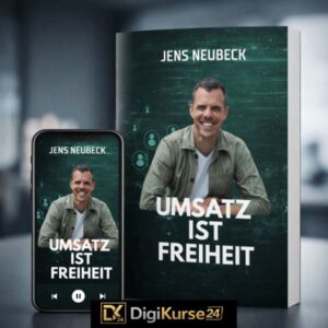 Mockup des Buches „Umsatz ist Freiheit“ von Jens Neubeck mit Smartphone-Darstellung als visuelles Titelbild für eine Analyse zum Thema Online-Marketing und Umsatzaufbau.