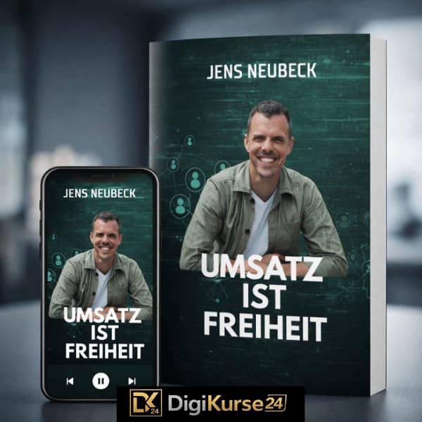 Mockup des Buches „Umsatz ist Freiheit“ von Jens Neubeck mit Smartphone-Darstellung als visuelles Titelbild für eine Analyse zum Thema Online-Marketing und Umsatzaufbau.