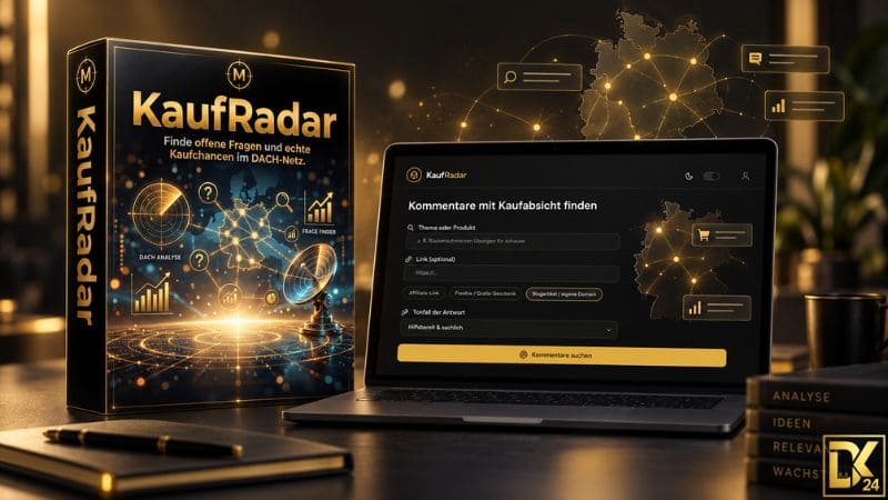 KaufRadar Erfahrungen – Fazitbild mit Produktdarstellung und Laptop, auf dem die KaufRadar-Suchoberfläche zur Recherche nach Kaufabsichten, relevanten Fundstellen und Affiliate-Marketing-Möglichkeiten im DACH-Raum zu sehen ist.