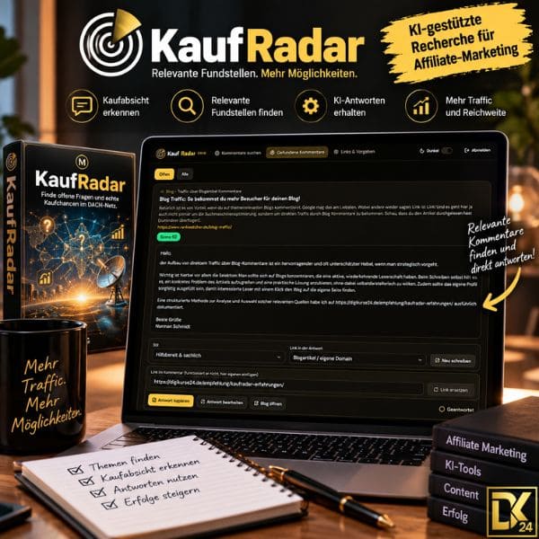 KaufRadar Erfahrungen – Praxisbild mit Laptop und KaufRadar-Oberfläche, auf der gefundene Kommentare, Kaufabsicht-Score und KI-generierte Antwortvorschläge für Affiliate-Marketing und Blog-Traffic dargestellt werden.