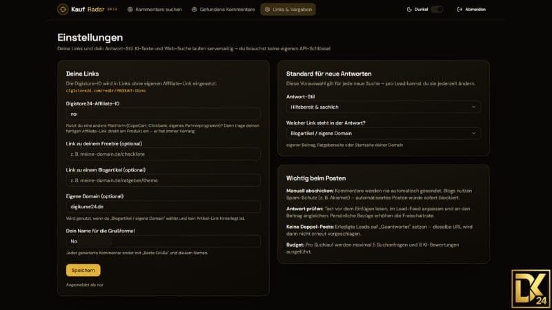 KaufRadar Erfahrungen – Screenshot der Einstellungen mit Verwaltung von Affiliate-Link, Freebie, Blogartikel, eigener Domain sowie Standardvorgaben für Antwortstil und Linkplatzierung.
