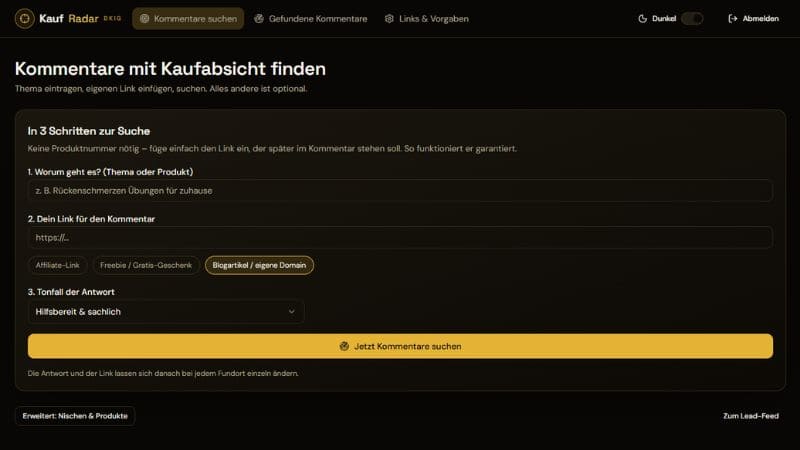 KaufRadar Erfahrungen – Suchmaske des Tools mit Eingabefeldern für Thema oder Produkt, eigenen Link und Tonfall der Antwort zur Recherche von Kommentaren mit potenzieller Kaufabsicht.