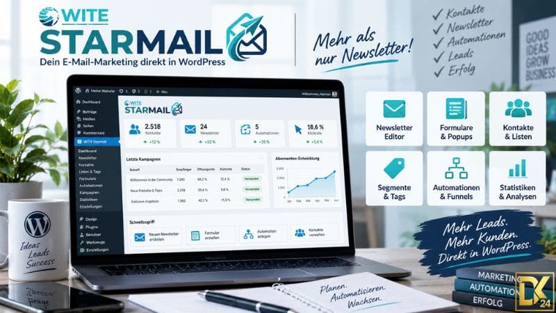 WITE Starmail Erfahrungen – WordPress-Dashboard mit Newsletter-Editor, Kontakten, Listen, Tags, Formularen, Automationen, Funnels und Statistiken für professionelles E-Mail-Marketing.