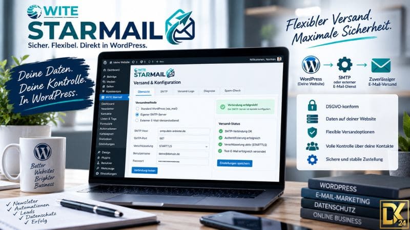 WITE Starmail Erfahrungen – WordPress-Oberfläche mit SMTP-Konfiguration, Versandoptionen und Funktionen zur lokalen Datenhaltung, Kontaktverwaltung und sicheren E-Mail-Zustellung.