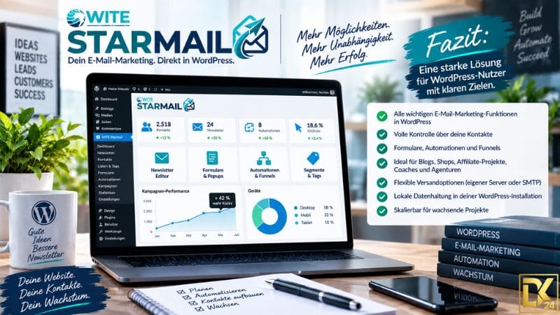 WITE Starmail Erfahrungen – Fazitbild mit WordPress-Dashboard für Newsletter, Kontakte, Formulare, Automationen, Segmente und Kampagnenstatistiken als zentrale E-Mail-Marketing-Lösung innerhalb von WordPress.