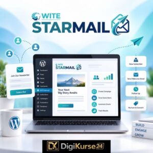 WITE Starmail Erfahrungen – Titelbild mit WITE Starmail Logo, WordPress-Laptop und visuellen Elementen für Newsletter, E-Mail-Automation, Abonnenten und Leadgewinnung.