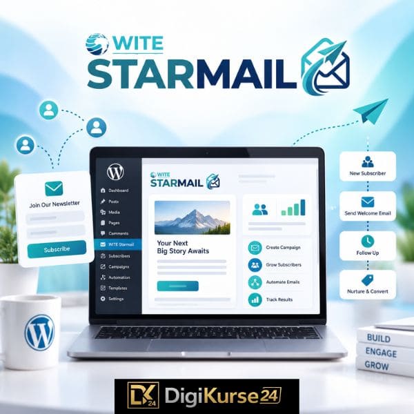 WITE Starmail Erfahrungen – Titelbild mit WITE Starmail Logo, WordPress-Laptop und visuellen Elementen für Newsletter, E-Mail-Automation, Abonnenten und Leadgewinnung.