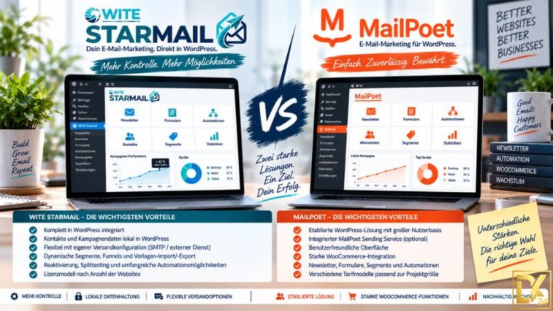 WITE Starmail Erfahrungen – Vergleichsbild zwischen WITE Starmail und MailPoet mit WordPress-Dashboards, Newsletter-, Automations-, Segmentierungs- und Statistikfunktionen sowie unterschiedlichen Ansätzen bei Datenhaltung und Versand.