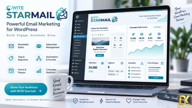 WITE Starmail Erfahrungen – WordPress-Oberfläche mit Newsletter-Editor, Abonnentenverwaltung, Tags, Segmenten, Automationen, Formularen und Kampagnenstatistiken für E-Mail-Marketing.