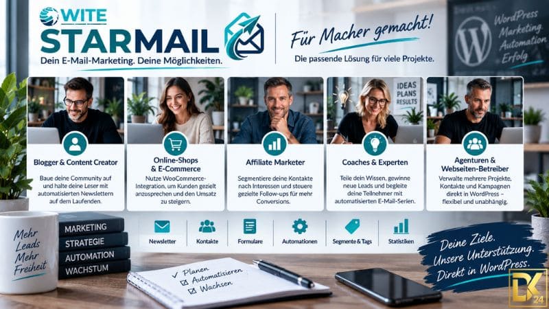 WITE Starmail Erfahrungen – Zielgruppenbild für Blogger, Content Creator, Online-Shops, Affiliate-Marketer, Coaches, Experten und Agenturen, die Newsletter, Kontakte, Automationen und Statistiken direkt in WordPress verwalten möchten.