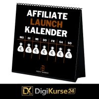 Affiliate Launch Kalender Produktbild im 1:1 Format mit schwarzem Tischkalender, Wochenübersicht und Euro-Symbolen zur Visualisierung von Launch-Provisionen
