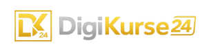 Logo von DigiKurse24: Die Buchstaben DK24 in einem goldenen Quadrat neben dem Schriftzug DigiKurse24 in Silber und Gold.