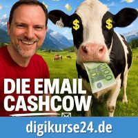E-Mail Cashcow Kursbild mit Wolfgang Mayr und Geld-Cow als Symbol für profitables E-Mail-Marketing und automatisierte Umsätze