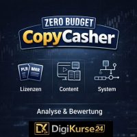 Titelbild zur Analyse des Zero Budget CopyCasher Systems auf Digikurse24 mit dunklem Business-Hintergrund, Produktname im Fokus sowie grafischer Darstellung von PLR/MRR-Lizenzen, Content-Modulen und Systemstruktur.